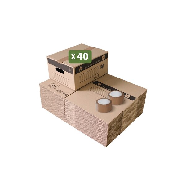 Pack and Move - Lot 40 cartons déménagement stockage S - 36 x 28x 18 cm - Poignées renforcées - 2 adhésifs offerts