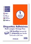 20 planches a4 - 1 étiquette 210 mm x 297 mm autocollantes fluo orange par planche pour tous types imprimantes - jet d'encre/laser/photocopieuse
