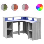 Bureau table poste de travail meuble d'ordinateur informatique étude et lumières LED sonoma 130 x 130 x 91cm bois ingénierie gris 02_0023806