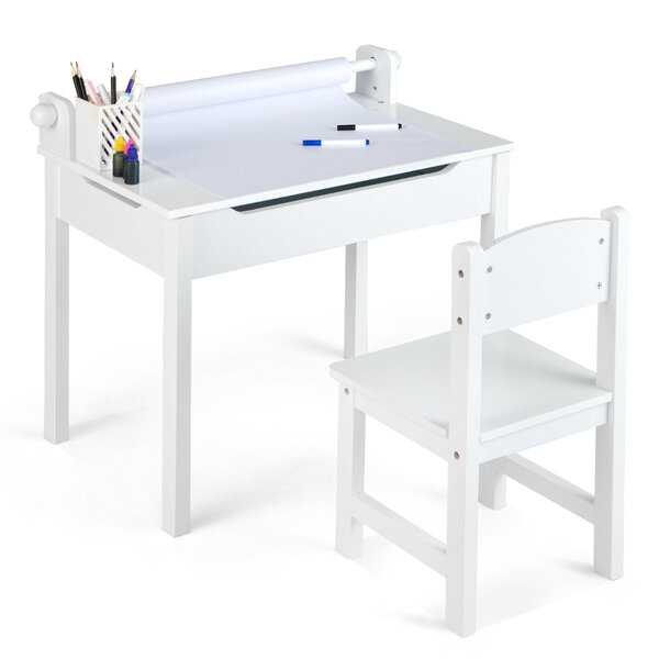 Bureau pour enfants avec tabouret et plateau rabattable table à dessin en pin polyvalent avec rouleau de papier pour enfants de 3 ans+ blanc 20_0008022
