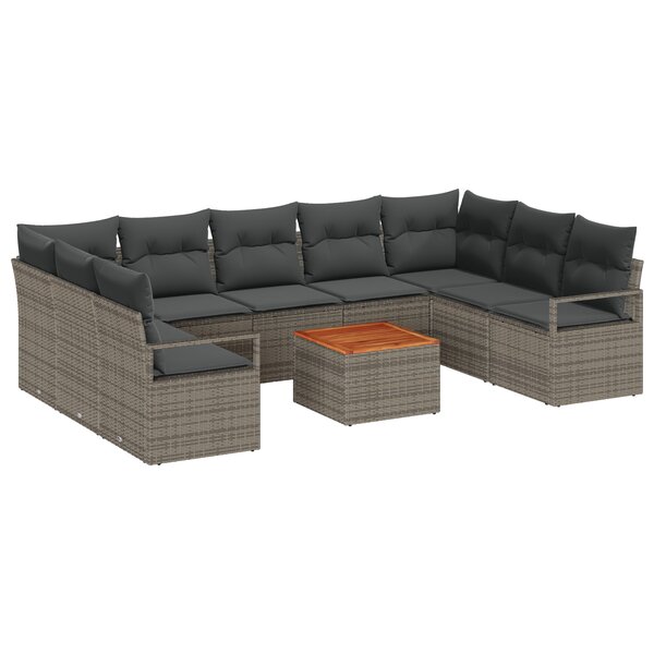 vidaXL Canapé de jardin 10 pièces avec des coussins gris en poly rotin et acacia