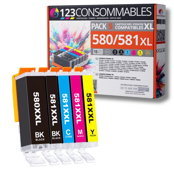580 581XL - Pack 5 cartouches Canon 580/581 XL compatibles TS8150 TR7500