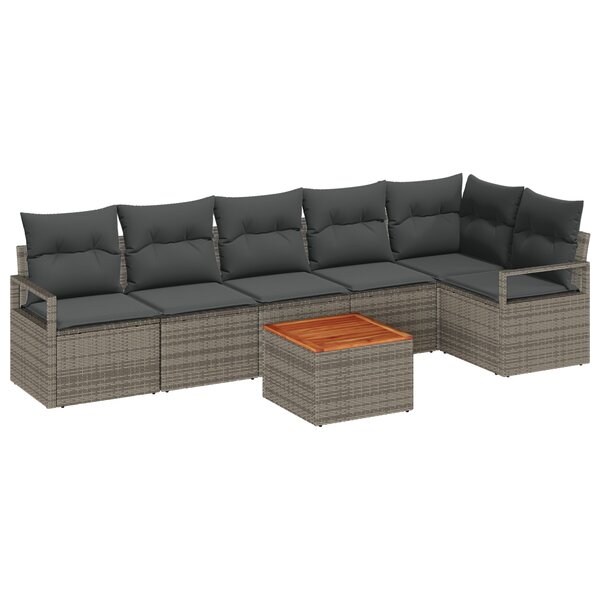 Ensemble de Canapé de Jardin 7 Pièces avec Coussins Gris en Rattan Poly Acacia