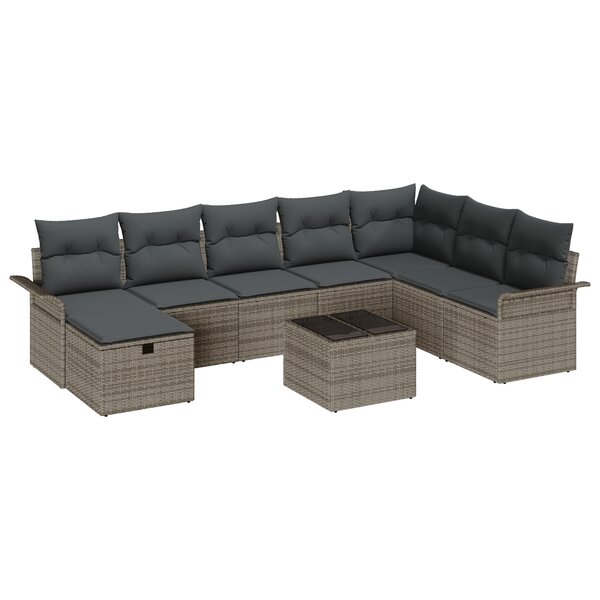 vidaXL Ensemble de Canapés de Jardin 9 Pièces avec Coussins Gris en Poly Rattan