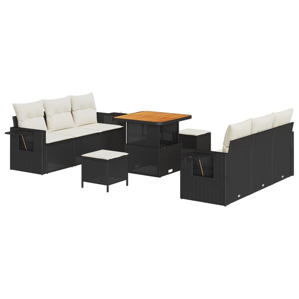 Ensemble de canapé de jardin 9 pièces avec coussins noirs en rotin synthétique