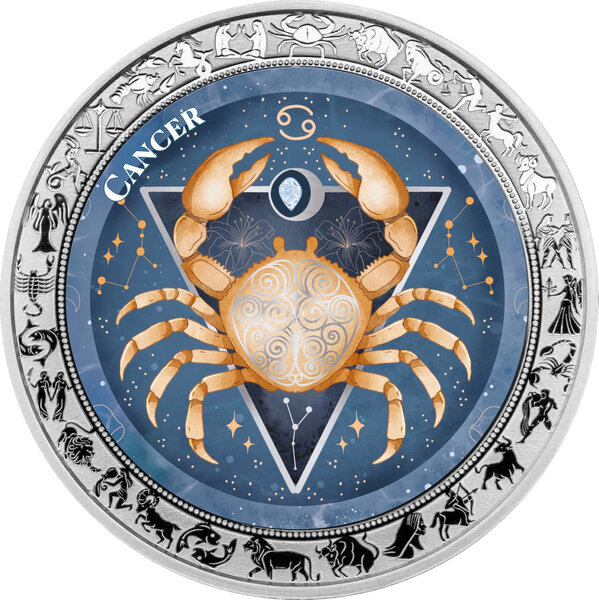Monnaie CANCER Aquarelle Zodiac 1 Oz Argent 5 Cedis Ghana 2026 (PRÉCOMMANDE)