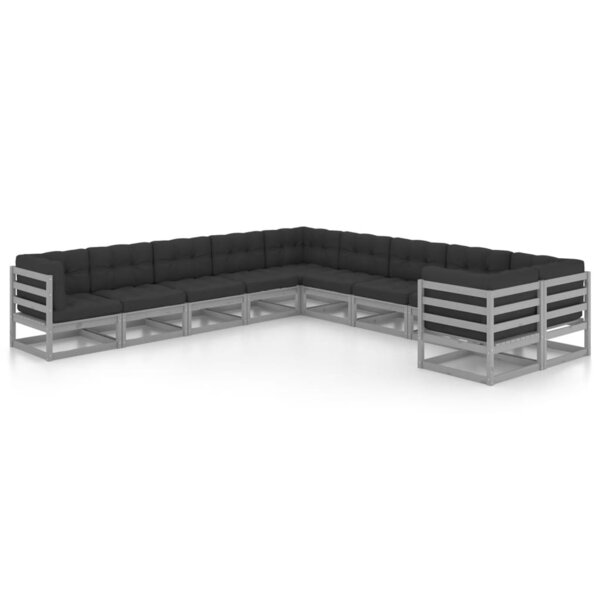 vidaXL Salon de jardin 10 Pièces avec coussins Gris Bois de pin massif