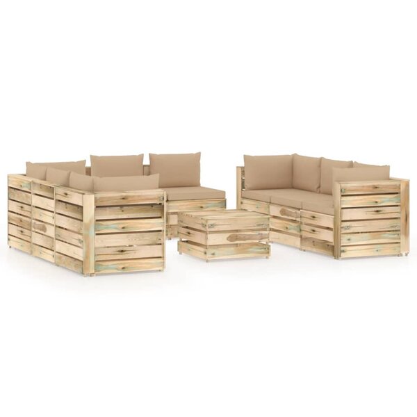 vidaXL Salon de jardin 9 Pièces avec coussins Bois imprégné de vert