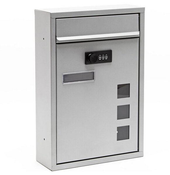 Boîte lettres murale gris argent sans clé – Serrure 3 chiffres  21 5x9x32 cm acier poudré sécurisée