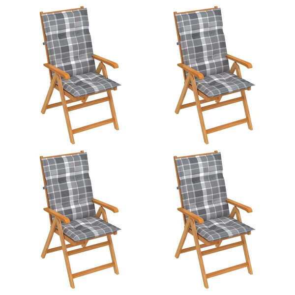 vidaXL Chaises de jardin 4 Pièces avec coussins à carreaux gris Teck