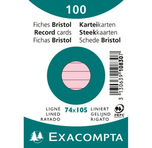 Paquet de 100 Fiches Bristol A7 rose ligné s/s film EXACOMPTA