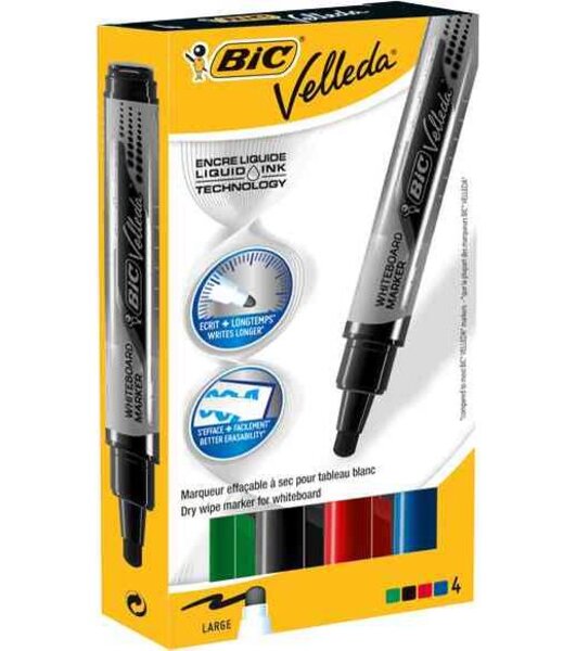 Etui de 4 Feutres tableau blanc effaçable LIQUID INK Tank Pointe Ogive Large N/B/R/V VELLEDA