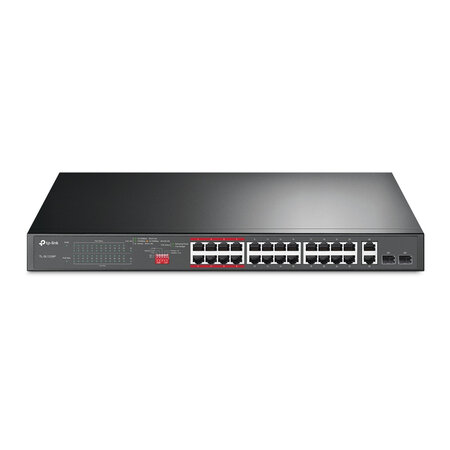 Tplink 26-port 10/100mbps poe+ switch 26-port 10/100mbps poe+ switch 24 10/100mbps poe+ ports 2 gigabit rj45 ports 2 combo sfp slots 802.3at/af 250w poe