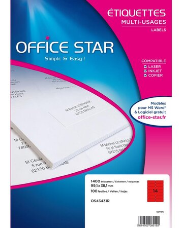 1400 étiquettes office star ilc rouge 99,1 x 38,1 mm office star