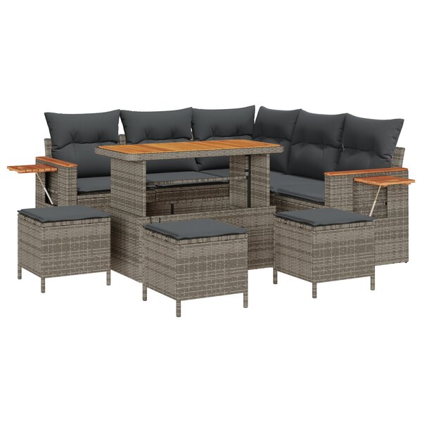 Set de Canapé de Jardin 9 Pièces avec Coussins Gris Poly Rattan Acacia