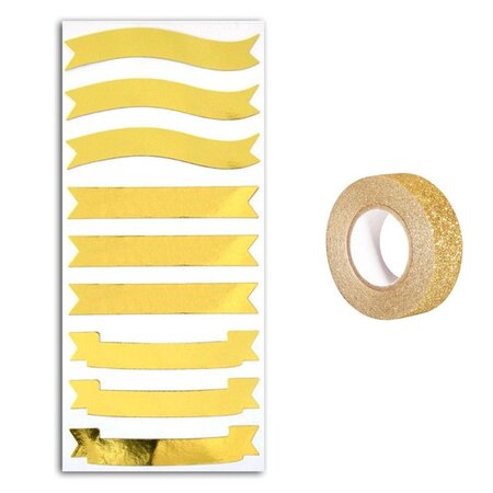 Stickers bannières dorées + masking tape doré à paillettes 5 m