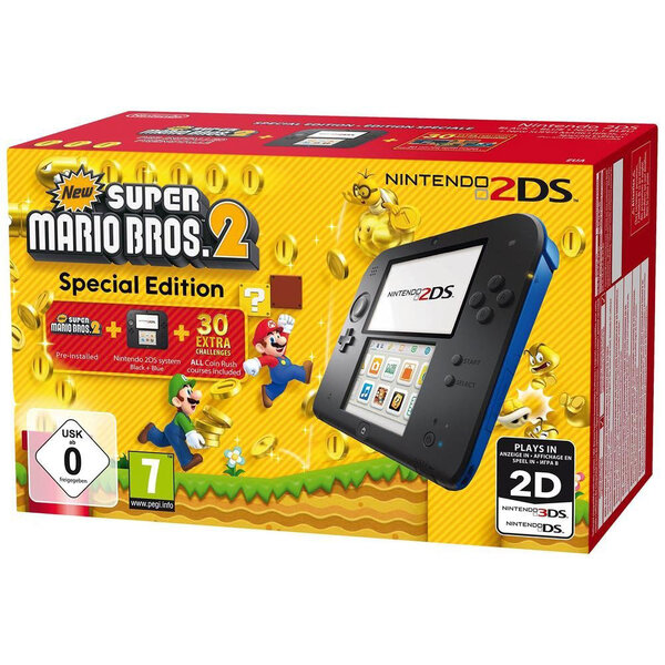 Nintendo nintendo 2ds noire / bleue + new super mario bros. 2 - console nintendo 2ds + carte mémoire sdhc 4 go + adaptateur secteur + new super mario bros. 2
