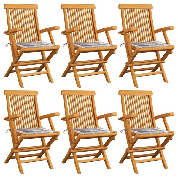 vidaXL Chaises de jardin et coussins à carreaux gris 6 Pièces Teck massif