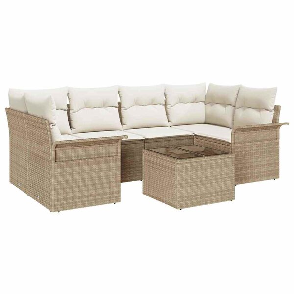 vidaXL Canapé de jardin 7 pièces avec coussins beiges en poly rotin.