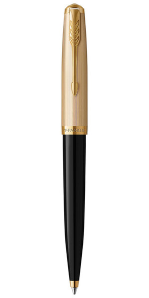 PARKER 51 Deluxe Bille  Corps Résine Noire + Capuchon plaqué or  Recharge noire pointe moyenne  Coffret cadeau