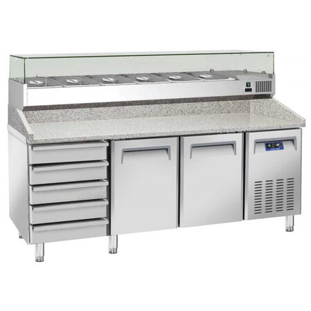 Table à pizza réfrigérée 2 portes dessus granit et 5 tiroirs à pâtons -  - 2pleine 2020x800x1040mm