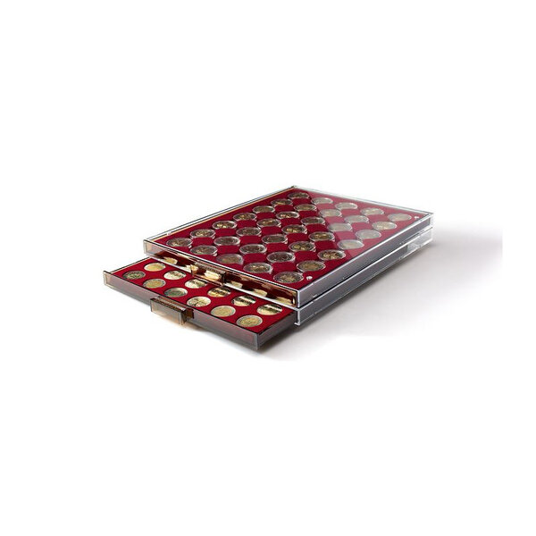 Médaillier numismatique Leuchtturm pour 35 pièces de 2 euros sous capsules.