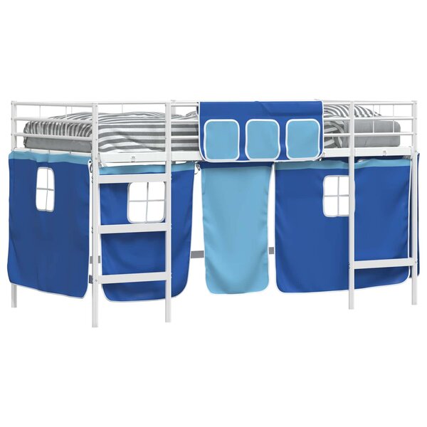 vidaXL Cadre de Lit Mezzanine pour Enfants avec Rideaux Blanc et Bleu