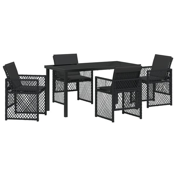 Ensemble repas jardin 5 pièces avec coussins en poly-rattan noir