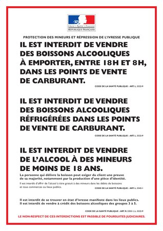 Autocollant vinyl - PROTECTION DES MINEURS ET RÉPRESSION DE L'IVRESSE PUBLIQUE - Station service - L.148 x H.210 mm UTTSCHEID