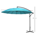 Parasol déporté rond inclinable manivelle piètement mât métal. Dim. Ø 2 96 x 2 6h m polyester haute densité bleu ciel