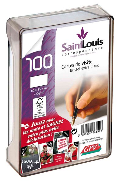 Coffret de 100 cartes de visite bristol blanches 82x128 220 g/m² gpv
