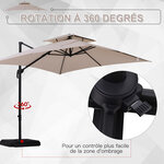 Parasol déporté carré double toit inclinable pivotant manivelle lestage inclus dim. 2 7l x 2 7l x 2 6h m acier polyester beige