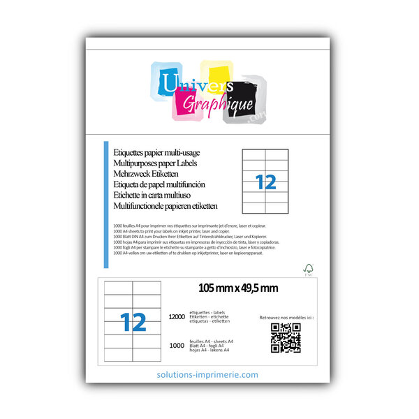 Lot de 1000 planches a4 de 12 étiquettes à bords vifs 105 x 49 5 mm en papier blanc 70g/m² multifonction