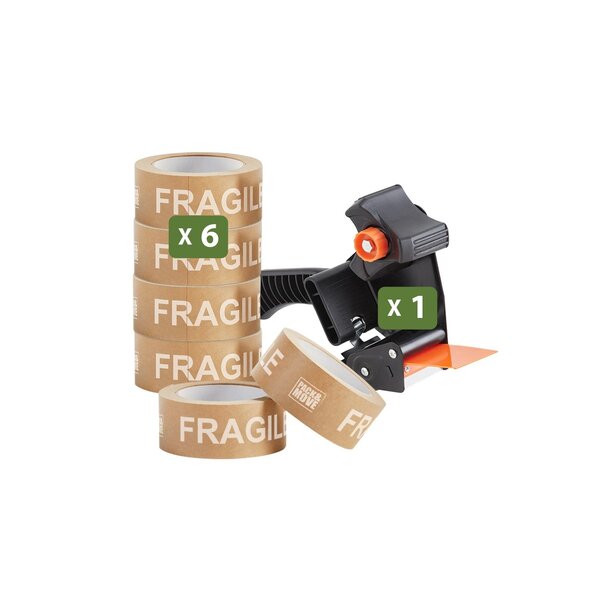 Pack and Move - Lot 6 rouleaux ruban adhésif kraft "Fragile" pour emballage et déménagement - 50 m - 1 dévidoir offert - Qualité Premium