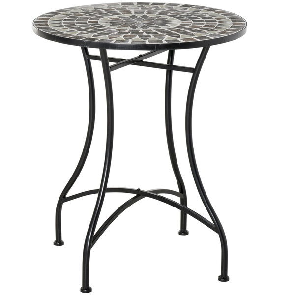 Table ronde style fer forgé bistro plateau mosaïque motif rose des vents métal époxy anticorrosion noir céramique