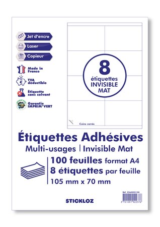 100 planches a4 - 8 étiquettes 105 mm x 70 mm autocollantes invisible mat par planche pour tous types imprimantes - jet d'encre/laser/photocopieuse