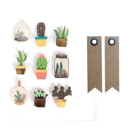 9 stickers 3D cactus et botanique 4 cm + 20 étiquettes kraft Fanion