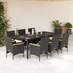 vidaXL Ensemble à manger de jardin et coussins 9 Pièces noir rotin verre