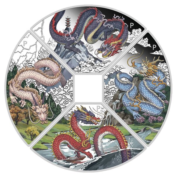 YEAR OF THE DRAGON Quadrant Set 4 x 1 Once Argent Monnaies 1 Dollars Tuvalu 2024