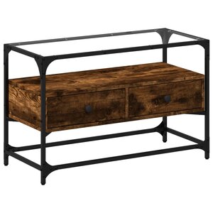 vidaXL Meuble TV avec dessus en verre chêne fumé bois d'ingénierie