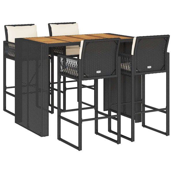 vidaXL Ensemble de bar de jardin 5 Pièces avec coussins noir poly rotin
