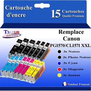 T3AZUR - 15x Cartouches compatibles avec Canon PGI-570XL CLI-571 XL pour Canon Pixma MG5750 TS5050 MG5753 MG6850 MG6852 TS5055 TS6050