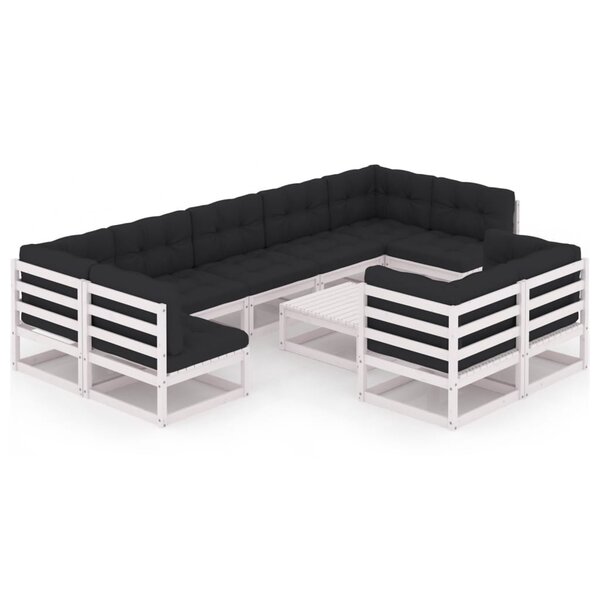 vidaXL Salon de jardin 10 Pièces avec coussins Blanc Bois de pin massif