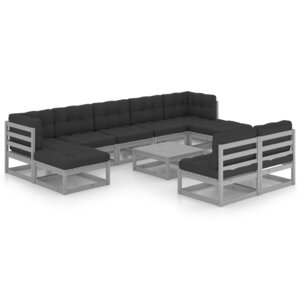 vidaXL Salon de jardin 10 Pièces avec coussins Gris Bois de pin massif