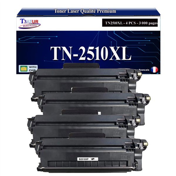 T3AZUR - 4x Toners compatibles avec Brother HL-L2400DW  HL-L2400DWE  HL-L2445DW  HL-L2447DW  HL-L2865DW  TN2510  TN2510XL