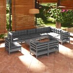 vidaXL Salon de jardin 11 Pièces avec coussins Gris Bois de pin solide