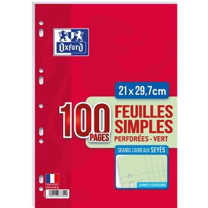 Feuillets mobiles A4 cm 100 pages 80g grands carreaux verts OXFORD