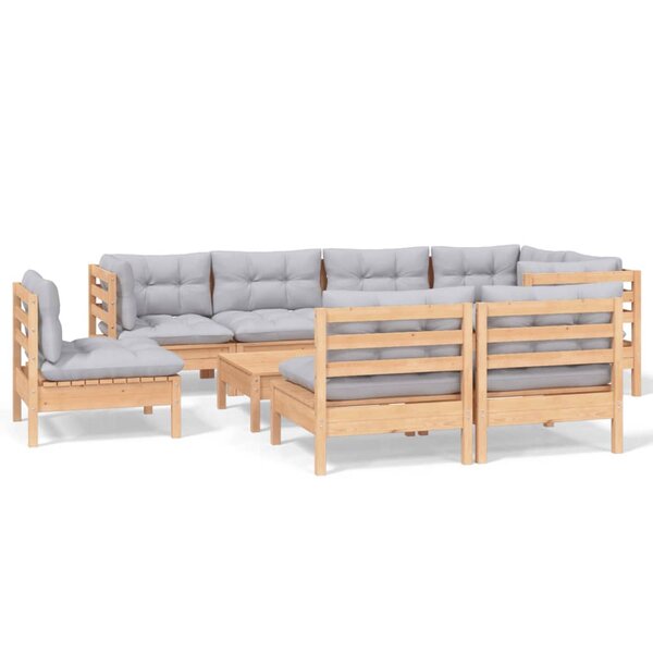 vidaXL Salon de jardin 9 Pièces avec coussins gris bois de pin massif