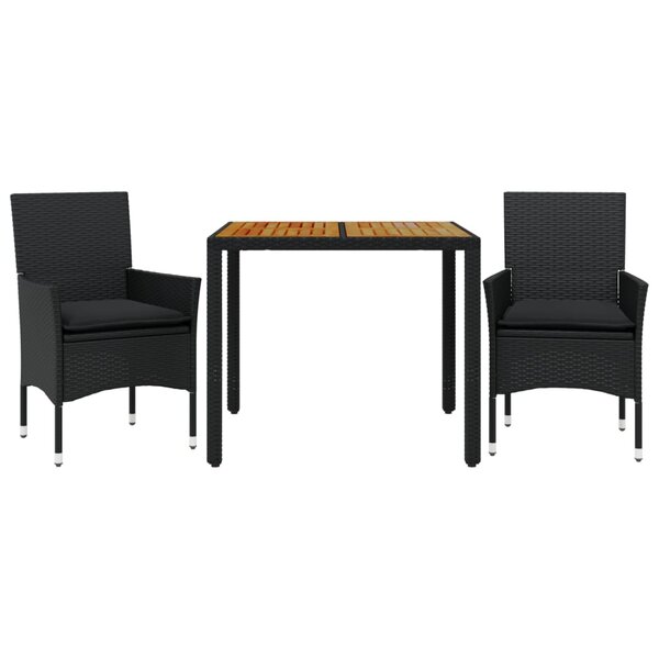 vidaXL Ensemble à manger de jardin et coussins 3 Pièces noir rotin acacia