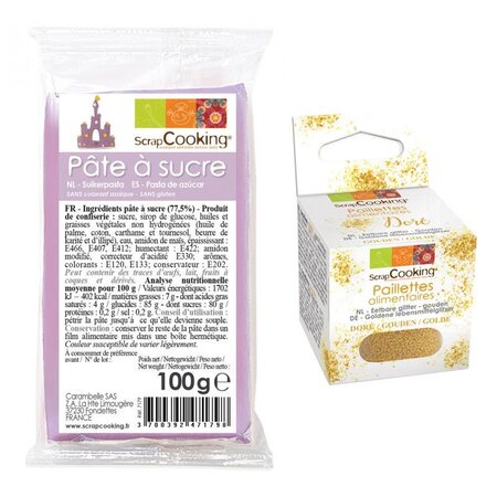 Pâte à sucre parme 100 g + paillettes dorées